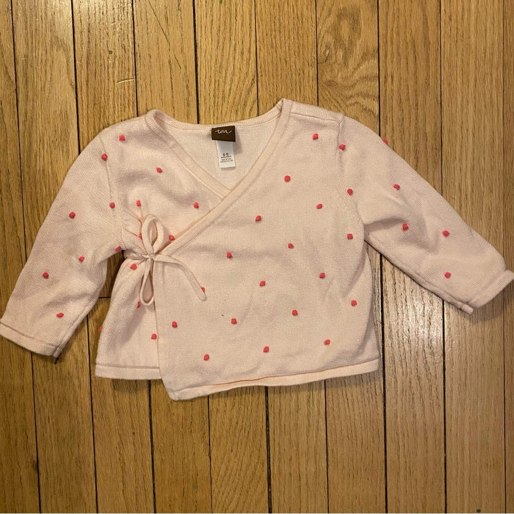 Tea Collection sweater infant 6-9 mo Pink Wrap-Around Pima cotton embroider dots